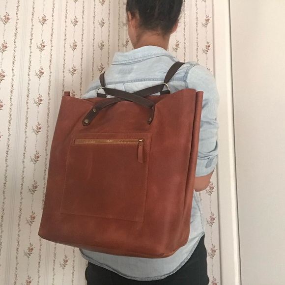 Handmade Full-Grain Leather Convertible Tote Backpack - Picture 2 of 2